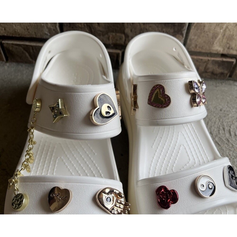 Crocs Mega Crush Women's 9 Men's 7 Platform Sandals - White w/ Jibbitz Charms - Picture 5 of 16